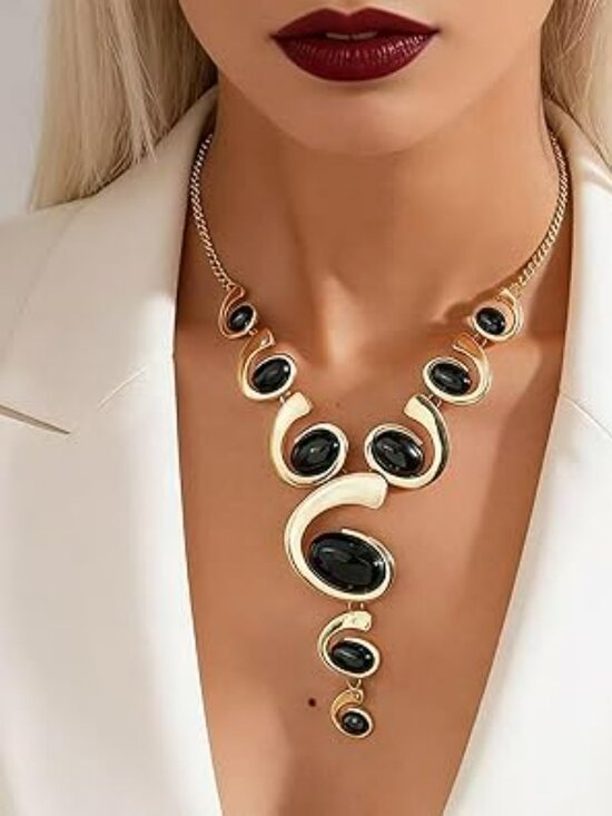 Gold & Black Boho Classy Chunky Jewelry Set Vintage Pendant Necklace Stackable - Picture 2 of 5